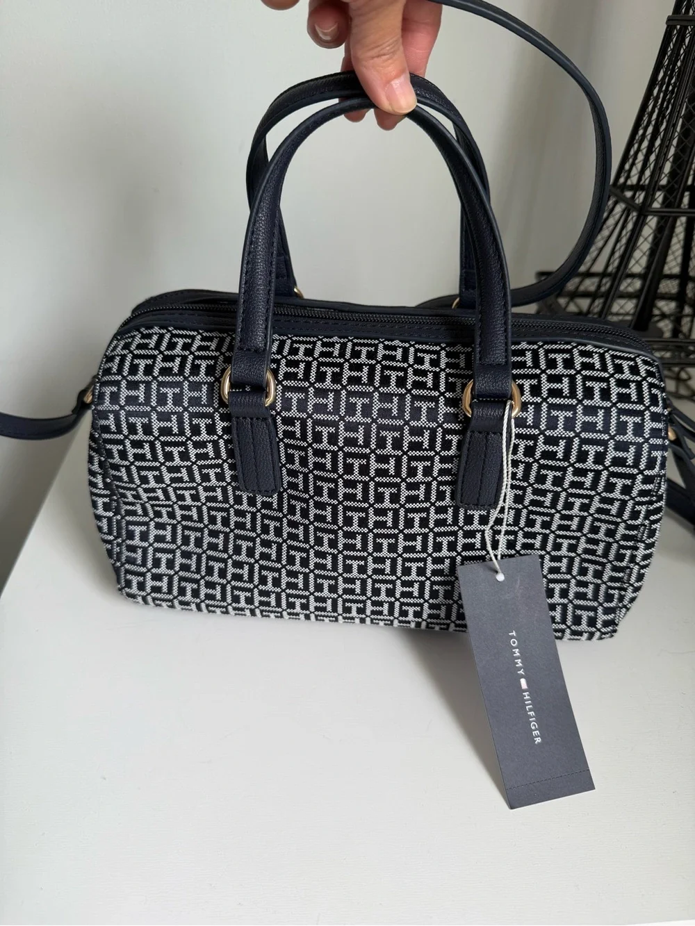 Tommy Hilfiger Dark Blue Patterned Satchel with Red and White Stripe